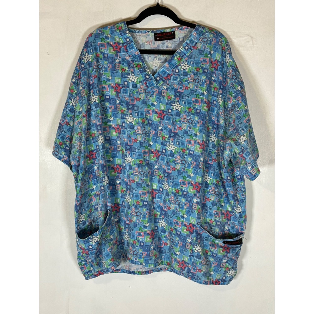 Melrose Scrub Top 2X Blue Star Geometric Print V Neck Pockets Short Sleeve